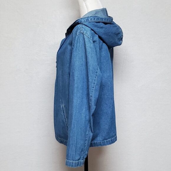 VINTAGE 1990s Sag Harbor Stone Wash Full-zip Hooded Denim Shacket Jacket Medium - Picture 10 of 16